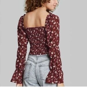 Floral Burgundy Red Print Long Sleeve Semi Sheer Lower Bodice Top Size Medium